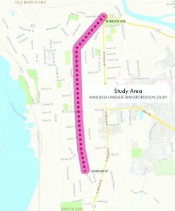 The study area map shows the study area along Winooski Avenue from the intersection with Riverside Avenue to the intersection of Howard Street at St. Paul Street.